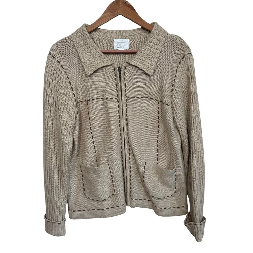 Vintage Christopher & Banks Ramie Wool Hand Embroidered Stitch Zip Up Sweater L